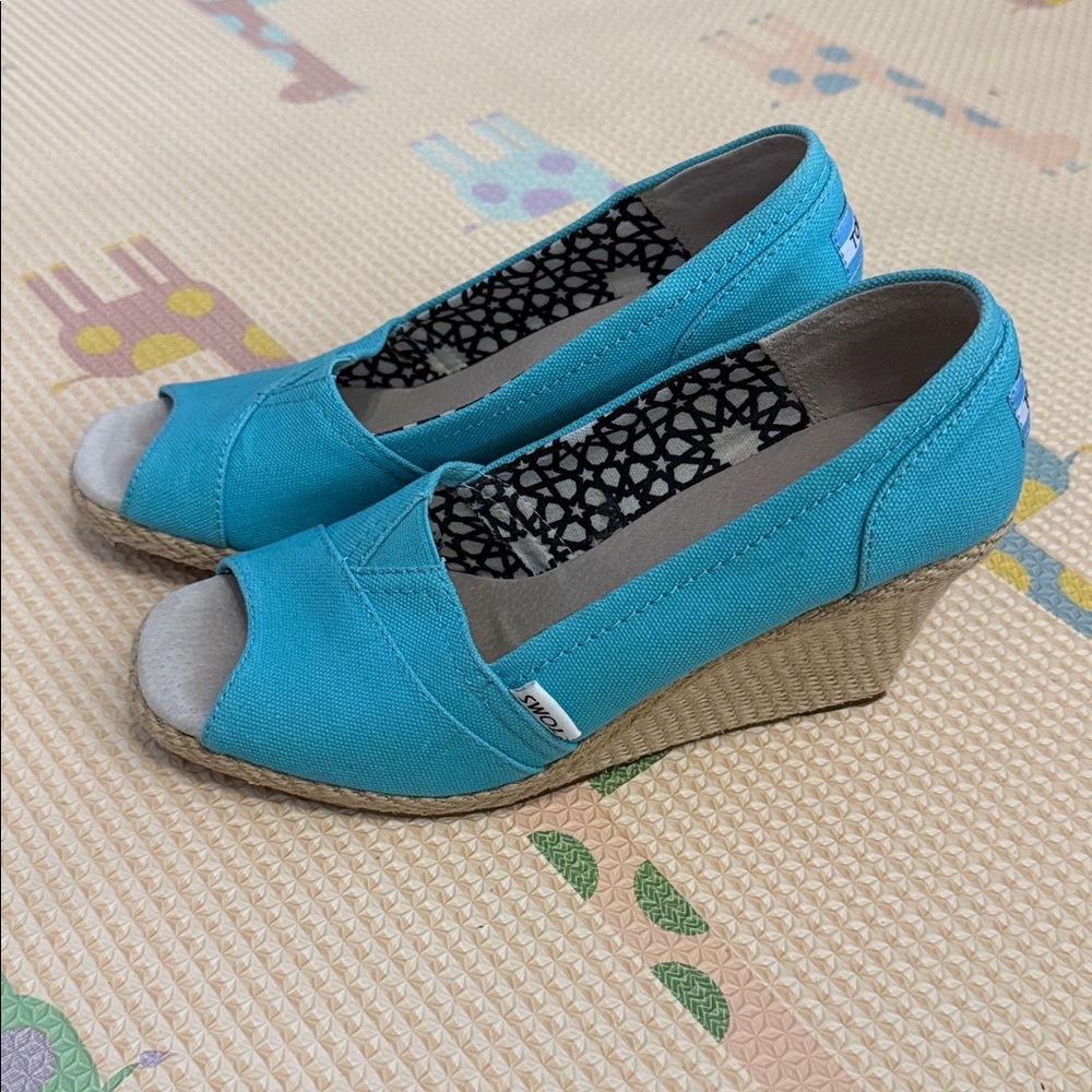 Toms Turquoise Canvas Peep-Toe Wedge Espadrilles